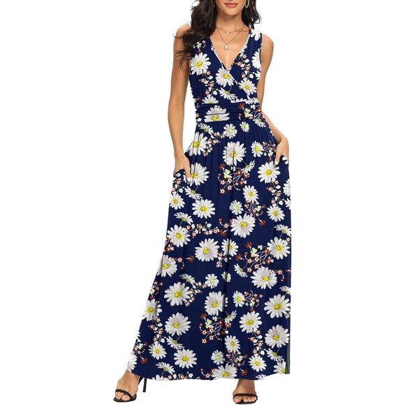 Women Navy Daisy Deep V Neck Sleeveless Loose Plain Long Maxi Stretchy Dress - Picture 2 of 4
